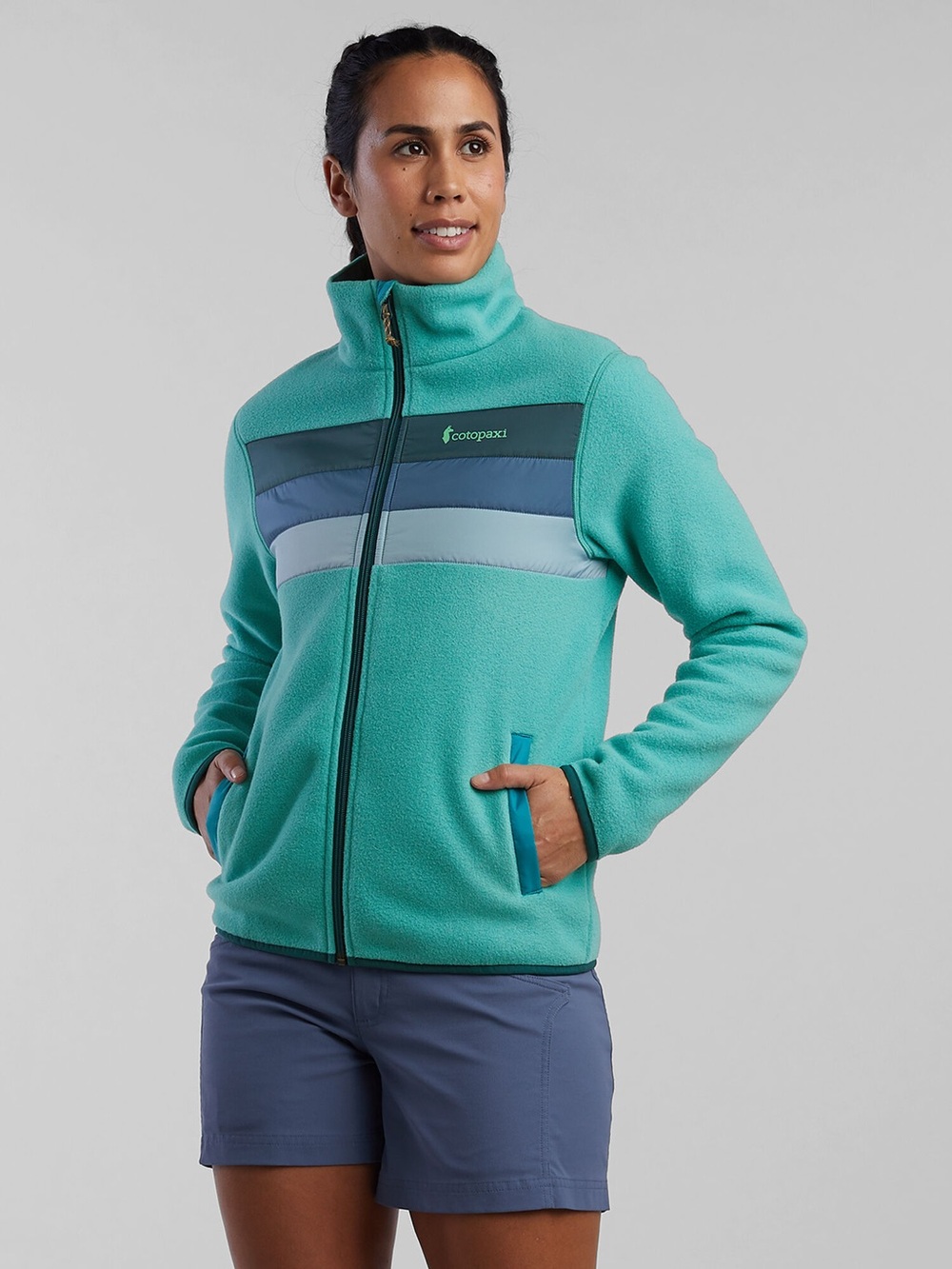 cotopaxi Teal Full-Zip Fleece Jacket with Contrast Chest Stripes